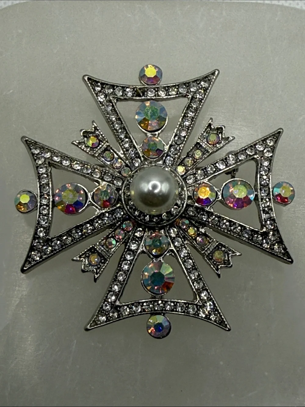 High end Vintage Aurora Borealis pave rhinestone Cross Brooch faux Pearl Center
